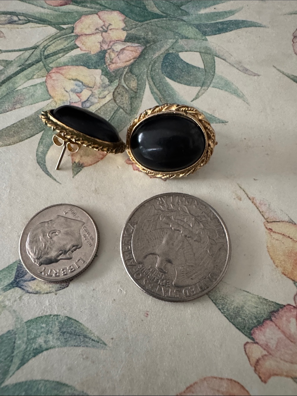 liberty Black Oval Cabochon Earrings with Gold-Tone Rope Frame